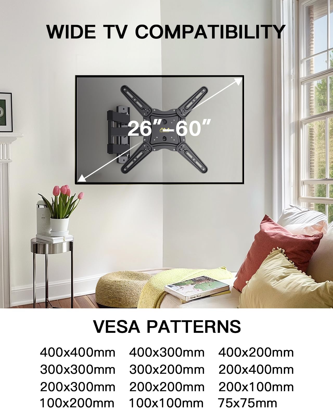 Alphamount TV Wall Bracket for Most 26-60 inch LED LCD Flat and Curved TVs up to 35kg, Sturdy TV Wall Mount with Tilt Swivel Extension, Max VESA 400x400mm, APPIMF7