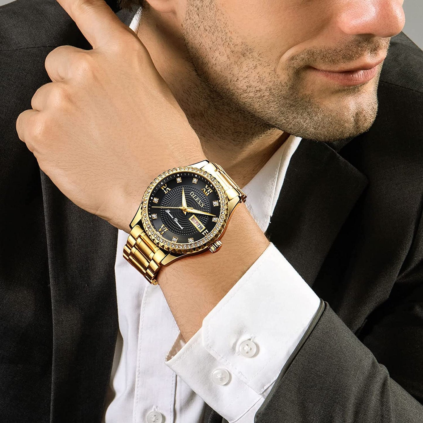 OLEVS Mens Watches Diamond Gold Dress Luxury Stainless Steel Waterproof Quartz Fashion Wrist Watches for Men with Date