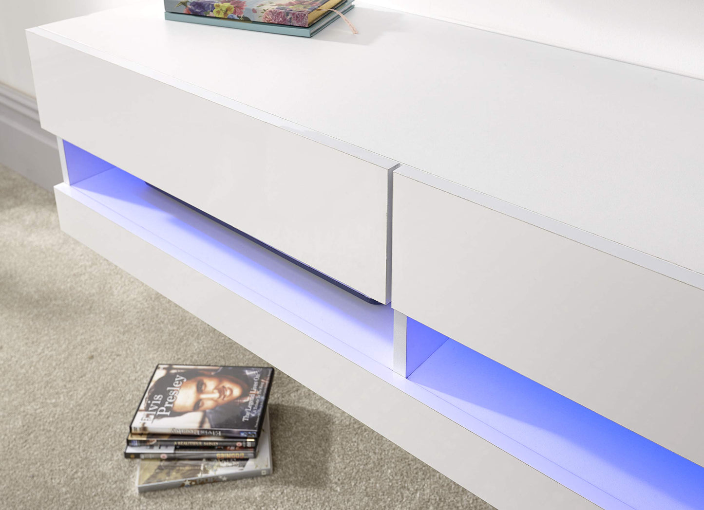 GFW Galicia Wall Mounted High Gloss Featuring A LED Downlight, This Floating TV Unit Console & Television Stand for Living Entertainment Room with Storage Shelves, Melamine, White, 120cm