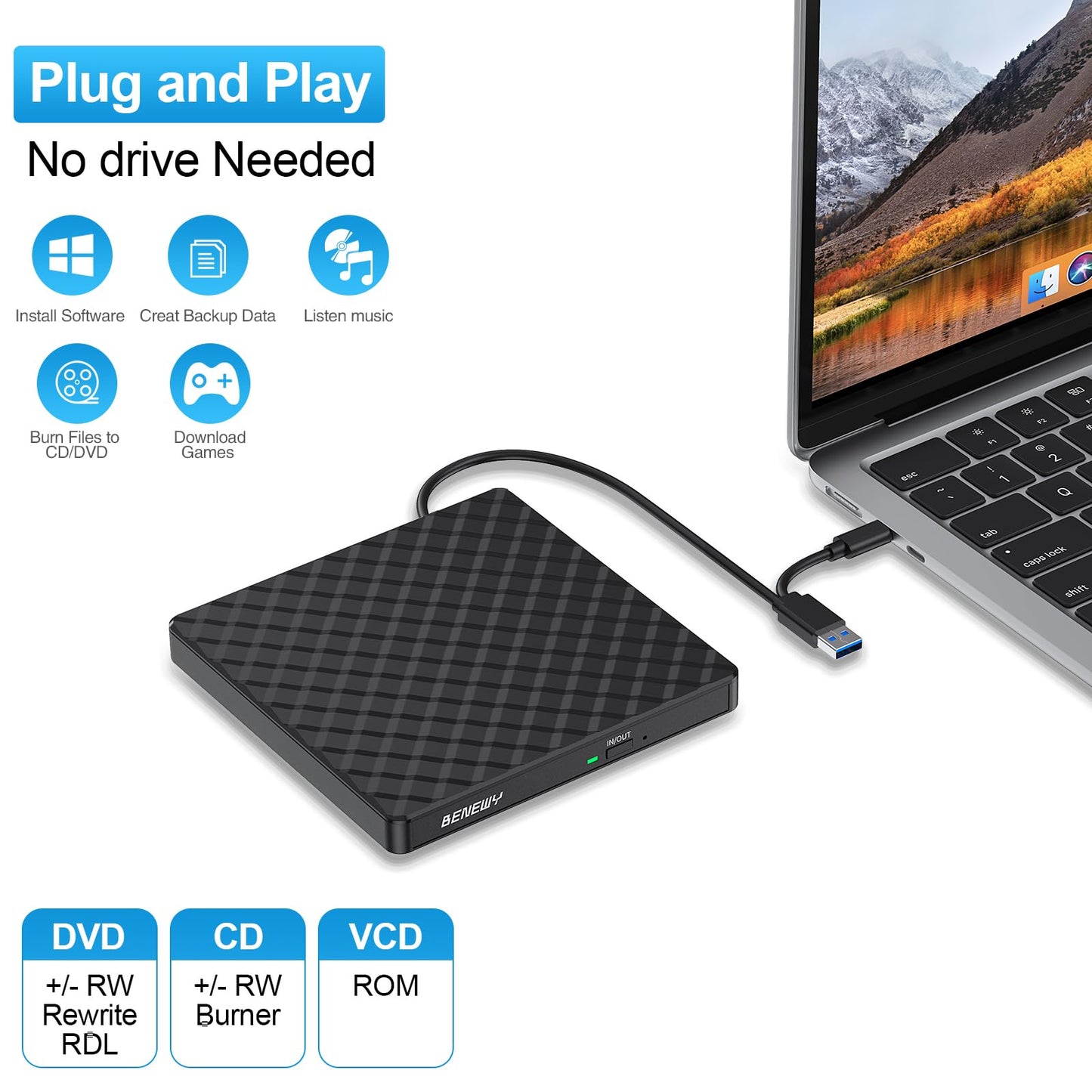External CD DVD Drive, USB 3.0 and Type-C Portable CD DVD +/-Rw Drive Reader, DVD/CD ROM Burner Rewriter, Slim Optical DVD Drive for Laptop, Desktop, Mac, Macbook, OS/Windows 11/10/8.1/7 /Linux