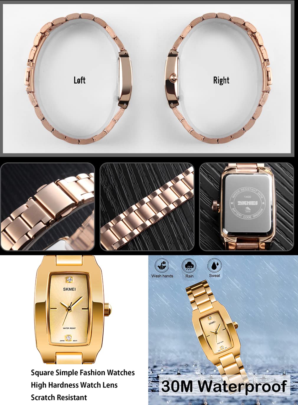 SKMEI Watches for Women Ladies Female Simple Square Stainless Luxury Fashion Small Slim Analog Quartz Waterproof Dress Casual Wife Girls Gifts Gold Wrist Watch, L1400gold, Dress