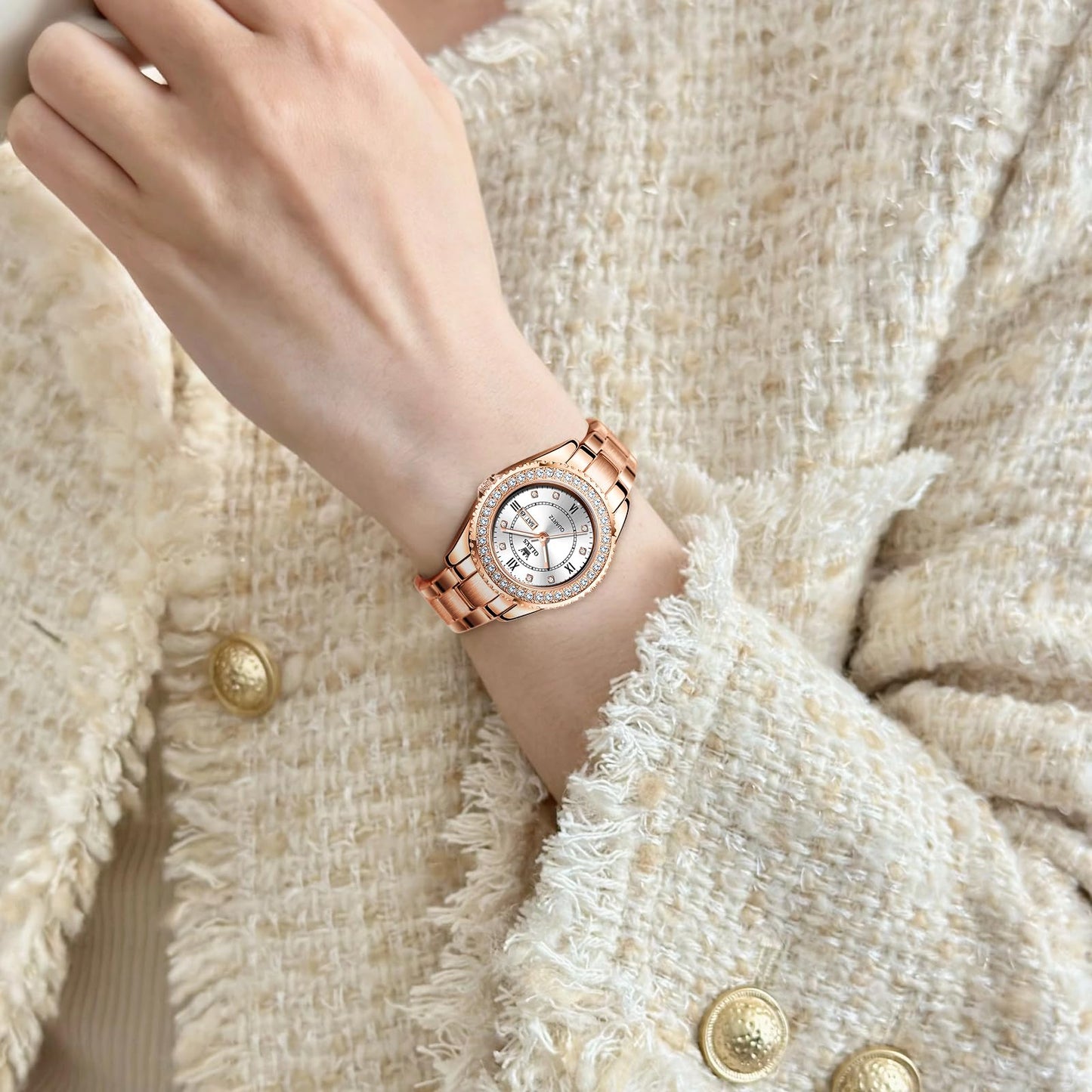 OLEVS Ladies Watch Rose Gold Stainless Steel Analogue Quartz Womens Watch White Small Face Luxury Elegant Diamond Women's Wrist Watch Roman Numerals Waterproof Luminous Womens Watch