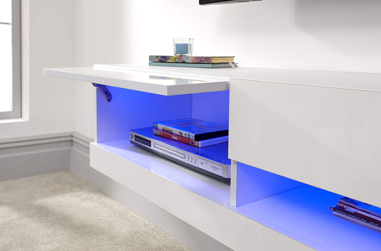 GFW Galicia Wall Mounted High Gloss Featuring A LED Downlight, This Floating TV Unit Console & Television Stand for Living Entertainment Room with Storage Shelves, Melamine, White, 120cm