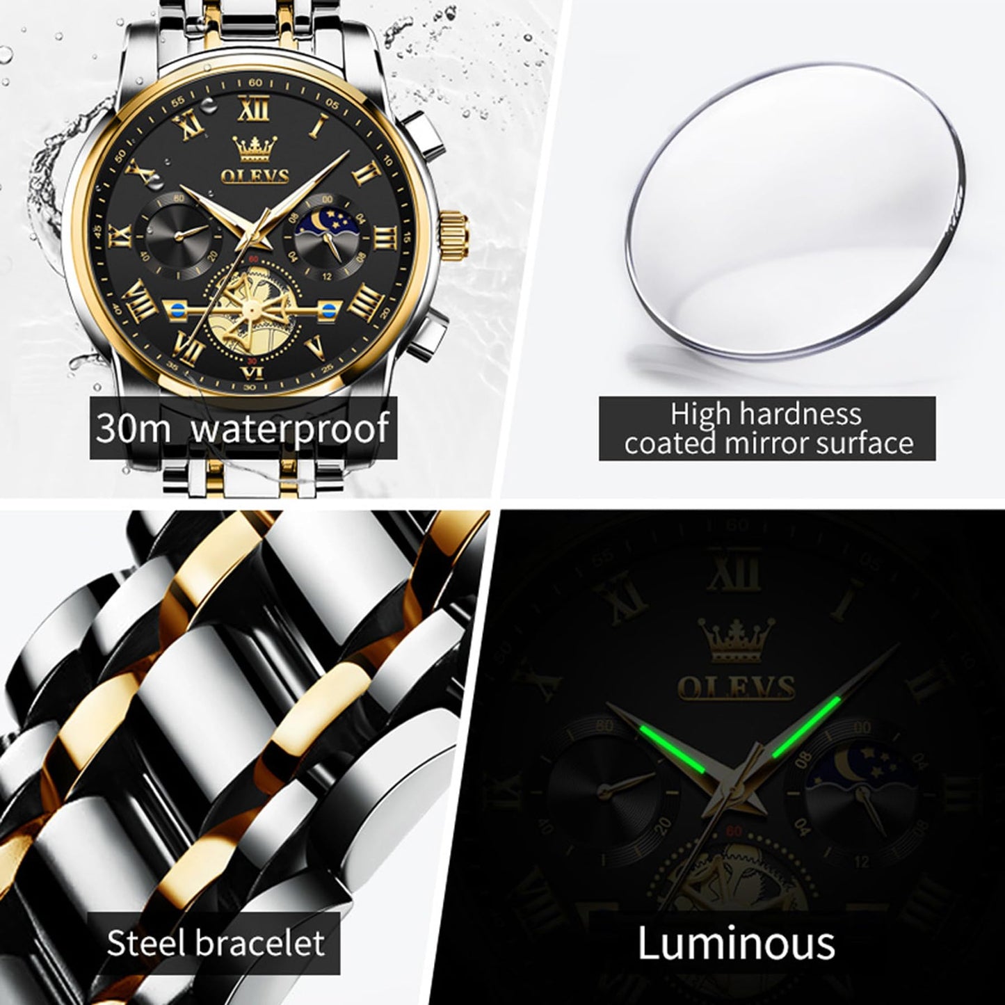 OLEVS Men's Watch, Stainless Steel Waterproof Luminous Analog Quartz Watch, Multifunctional Multi dial Chronograph,Classic Luxury Big face Men's Watch (2859- Blackface)
