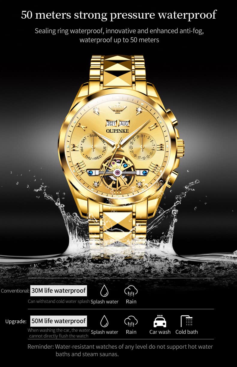 OLEVS Automatic Watch for Men Self Winding Tourbillon Mechanical Business Luxury Gold Face Waterproof Luminous Sapphire Crystal Wrist Watch
