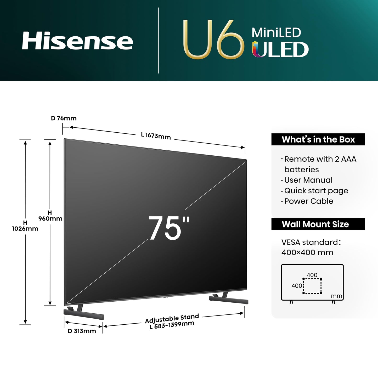 Hisense 75 Inch 4K Mini-LED TV 75U6NQTUK - Quantum Dot Colour, Dolby Vision Atmos, Hi-View Engine, FilmMaker Mode, Vidaa OS with Voice Control, Freely, Youtube, Netflix and Disney+ (2024 Model)