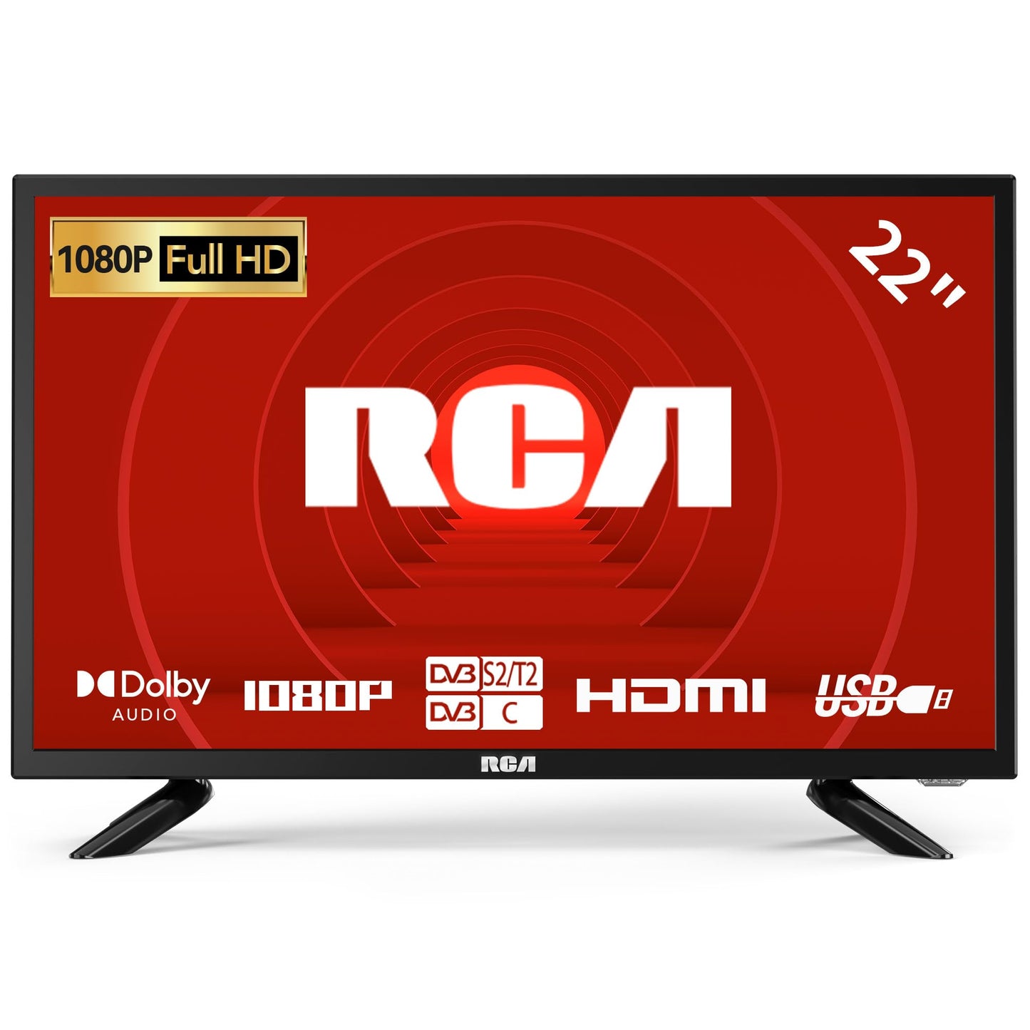 RCA 22 Inch FHD TV, Freeview DVB-T2-C-S2 Dolby Digital Audio 1080P TV, Full HD LED Backlighting Display, HDMI VGA PC Audio USB Record Media Player, Small TV for Small Lounge Kitchen