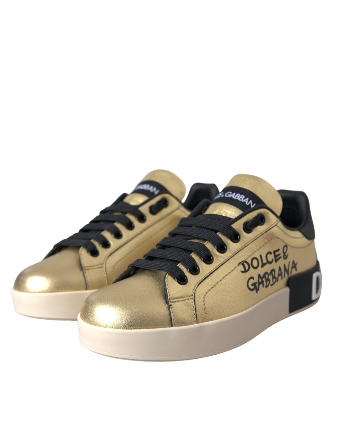 Dolce & Gabbana Gold Portofino Calf Leather Sneakers Women's Shoes (Pre-Owned), Gold Black, 5.5