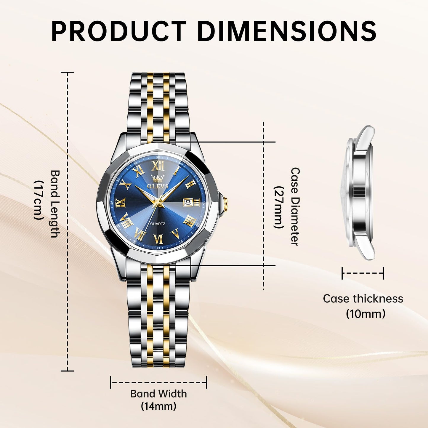 OLEVS Ladies Watches Small Face Gold Silver Stainless Steel Analog Quartz Women's Watch Luxury Elegant Blue Women's Dress Watches Classic Roman Numerals Waterproof Watches for Women