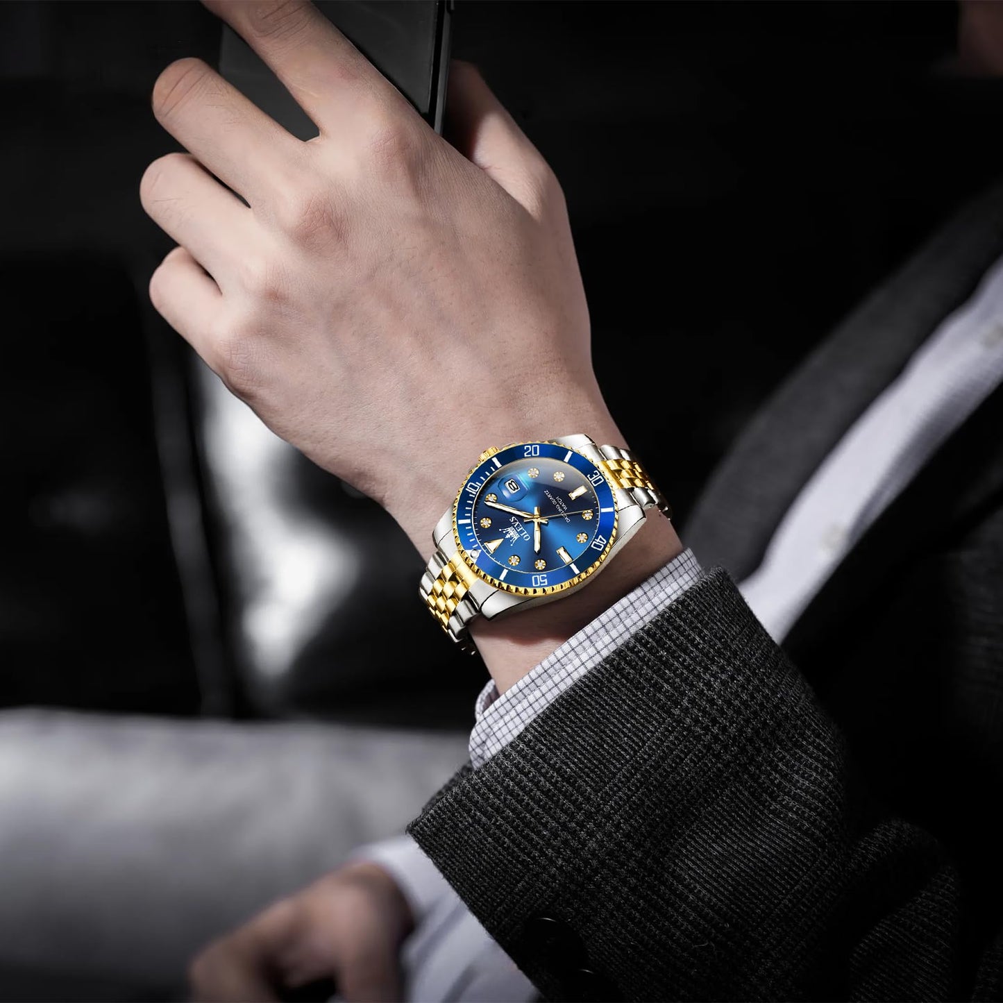 OLEVS Men's Watch Classic Blue Face Luxury Dress Watches for Men Big Dial Gold Silver Stainless Steel Band Analog Quartz Men's Wrist Watch with Rotating Bezel Date Waterproof Mens Watches
