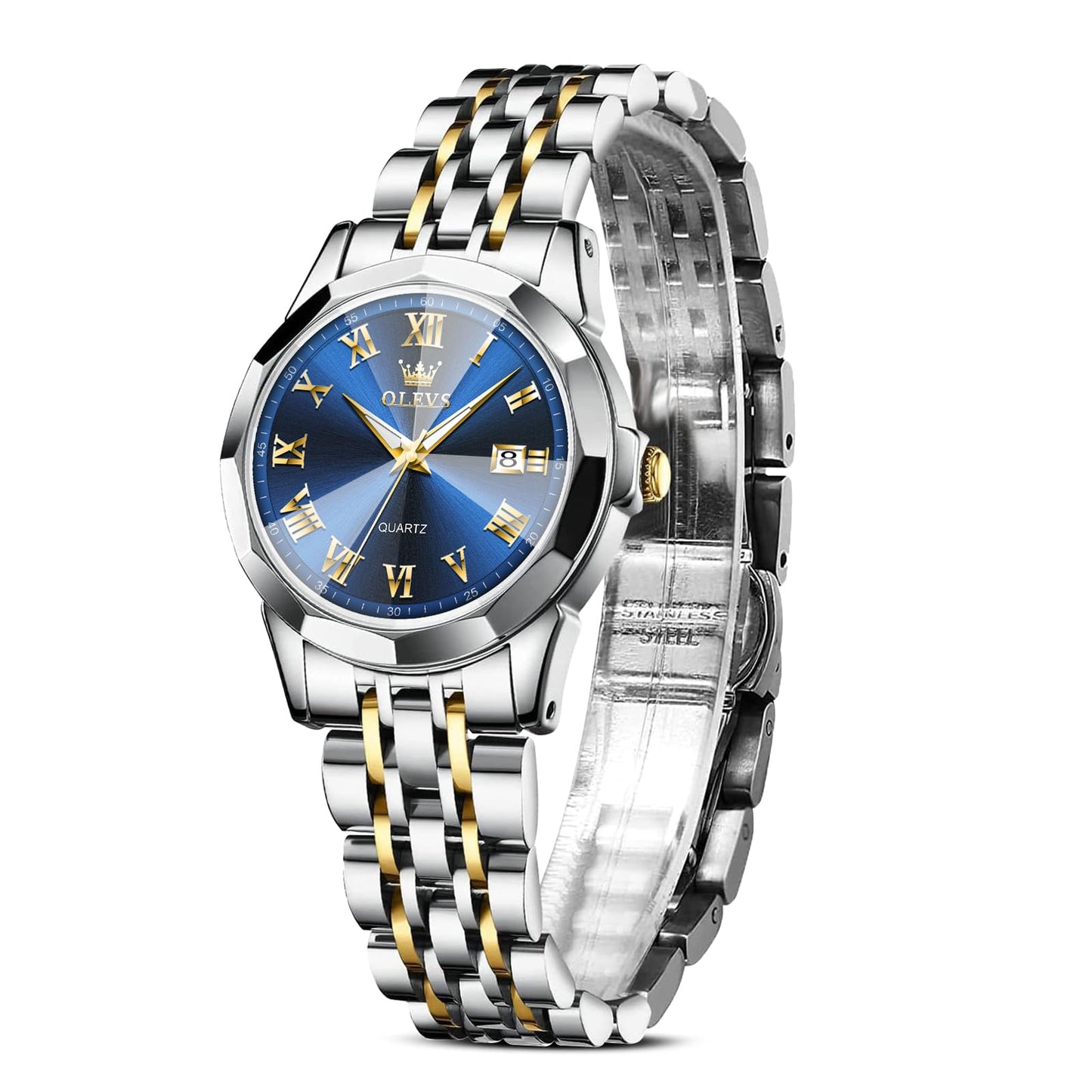 OLEVS Ladies Watches Small Face Gold Silver Stainless Steel Analog Quartz Women's Watch Luxury Elegant Blue Women's Dress Watches Classic Roman Numerals Waterproof Watches for Women