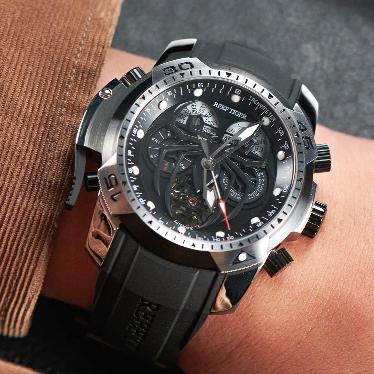 Reef Tiger Fashion Style Sport Automatic Watch Spider Dial with Complicated Year Month Calendar Mechanical Rubber Watches RGA3532SP (RGA3532SP-YBR)