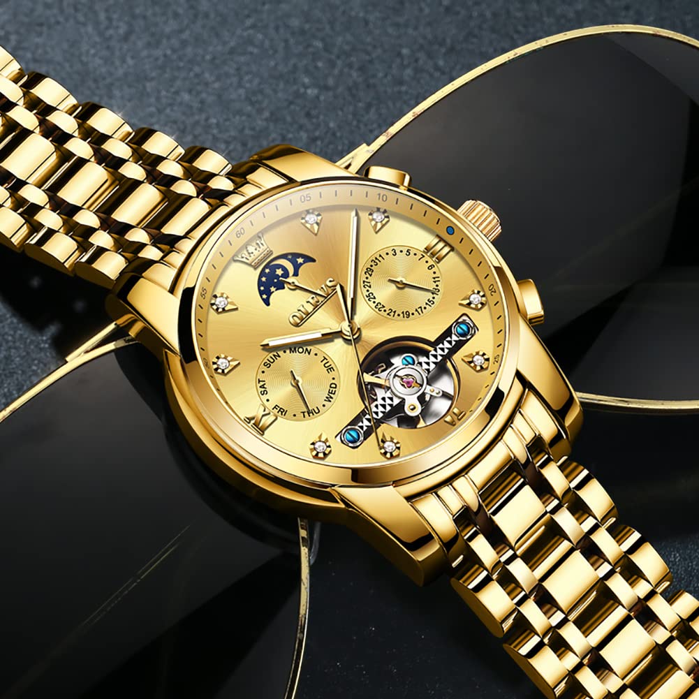 OLEVS Men Automatic Watch Gold Watch Skeleton Luxury Dress Stainless Steel Strap 5 Hands Moon Phase Diamond Men Wrist Watches