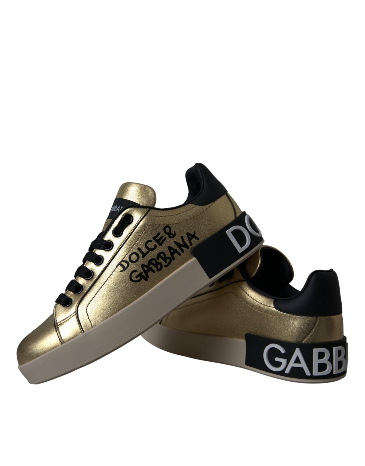 Dolce & Gabbana Gold Portofino Calf Leather Sneakers Women's Shoes (Pre-Owned), Gold Black, 5.5
