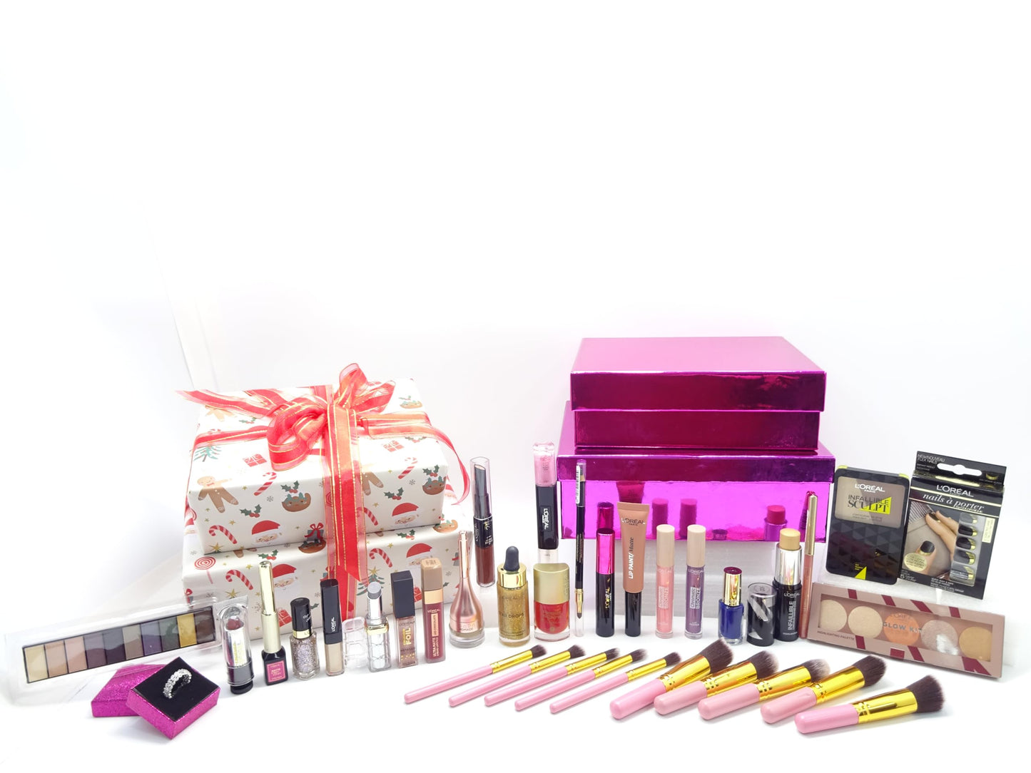 L'Oreall Beauty Blockbuster Make Up Gift Set For Her,24pc Make Up Products Free 10pc Kabuki Brush Set & Crystal Ring Included Gift Wrapped