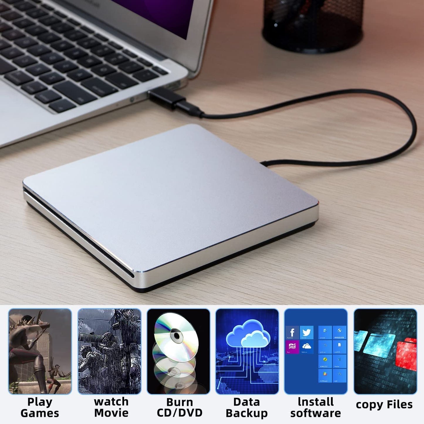NOLYTH CD Drive for Mac, USB DVD Drive External CD Burner for Laptop, Slot-in SuperDrive for Apple, Portable Optical Disk Reader Writer DVD Player for PC Windows MacBook