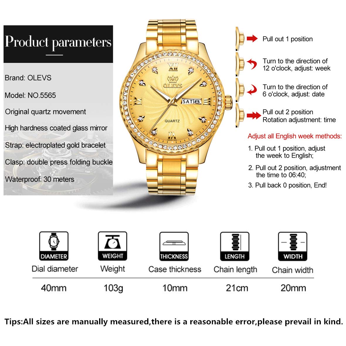 OLEVS Gold Watches for Men Waterproof Diamond Luxury Best Watches for Men Calendar Date Analog Quartz Watch Stainless Steel Classic Wrist Watch Christmas Day Gifts