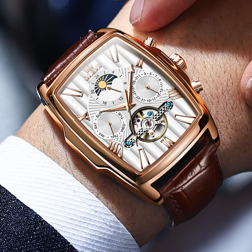 OLEVS Men's Watch Designer Square Luxury Automatic Self Winding Skeleton Brown Breathable Leather Strap Dress Multi-Calendar Waterproof Moon Phase Stylish Suitable Gift