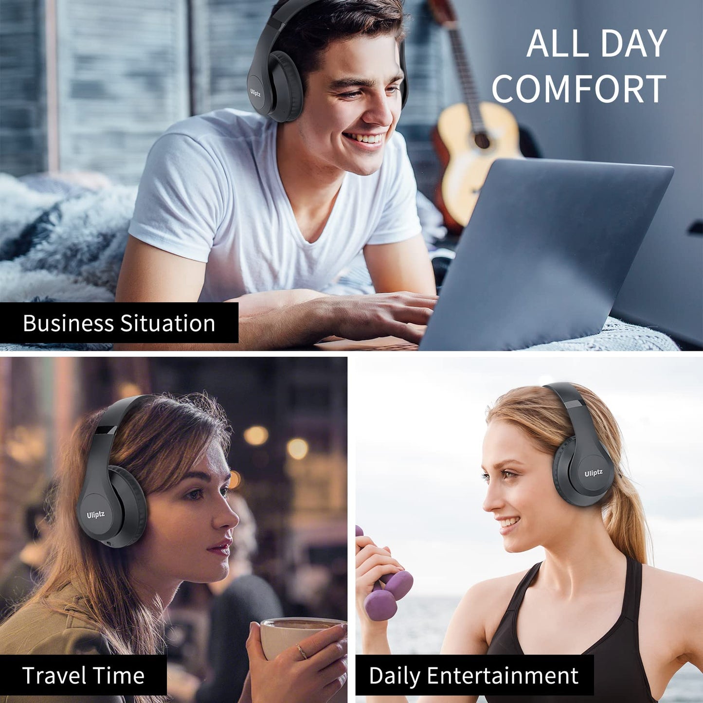 Uliptz Wireless Headphones Over Ear, 65 Hrs Playtime Bluetooth Headphones, 6 EQ Modes Foldable Lightweight Headphones Wireless, Foldable Bluetooth 5.3 for Travel/Office/PC (Black)