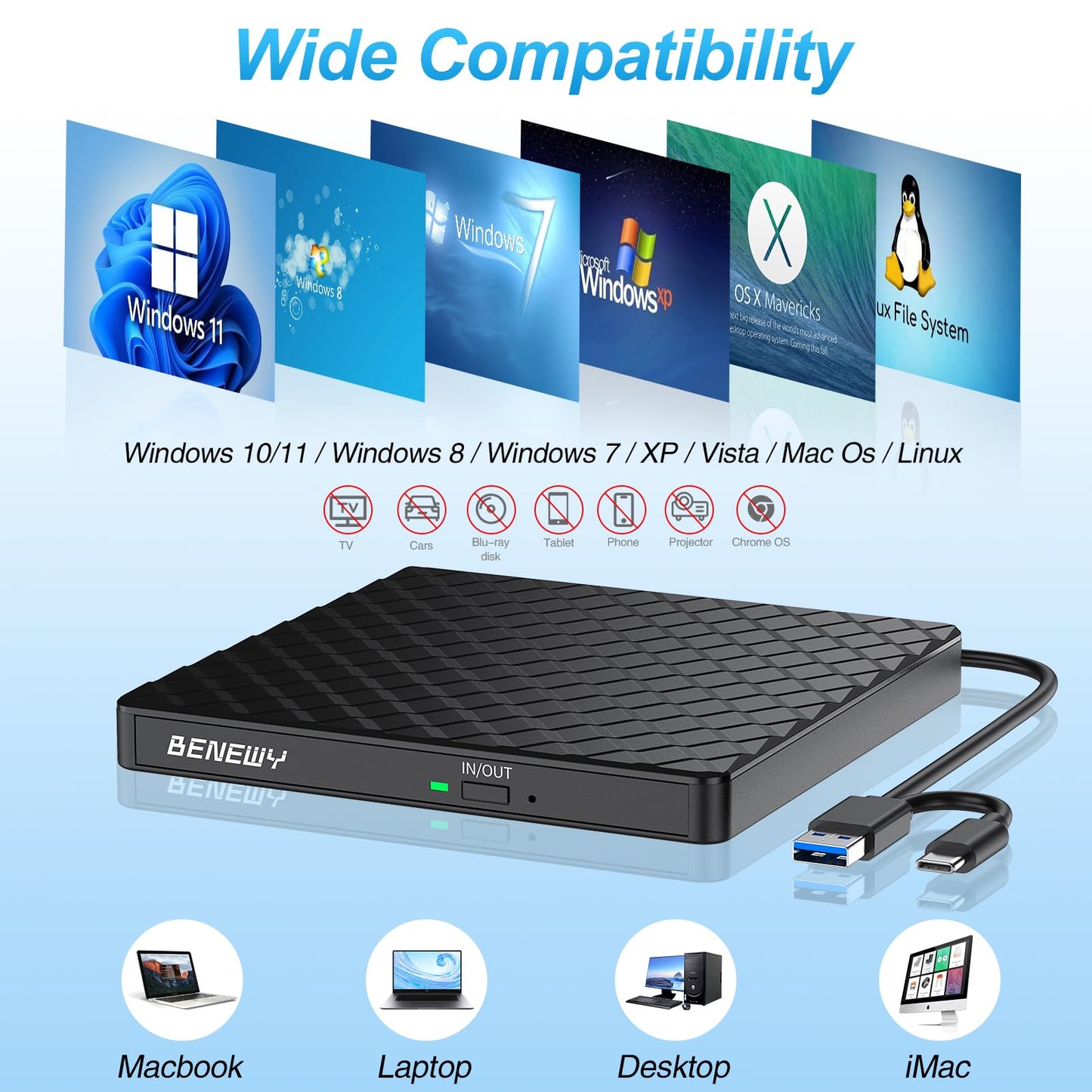 External CD DVD Drive, USB 3.0 and Type-C Portable CD DVD +/-Rw Drive Reader, DVD/CD ROM Burner Rewriter, Slim Optical DVD Drive for Laptop, Desktop, Mac, Macbook, OS/Windows 11/10/8.1/7 /Linux