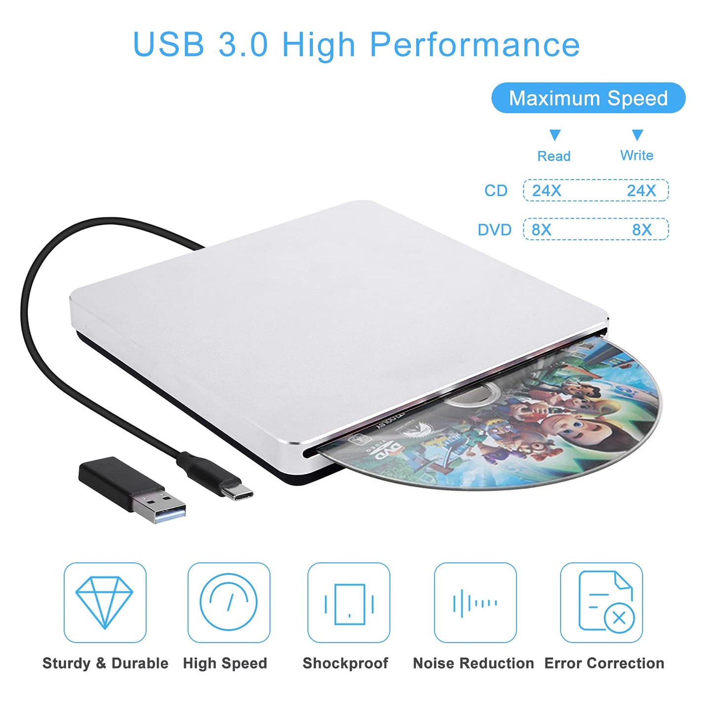 External CD DVD Drive, USB C USB 3.0 Slim CD/DVD +/-RW Drive Reader Slot in CD ROM Burner Writer, External Disc Drives DVD Player for Laptop PC MacBook Windows 11 10 Mac OS with Carrying Case
