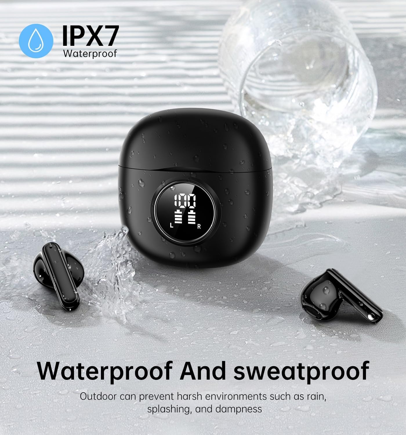 Wireless Earbuds, Bluetooth 5.4 Headphones in Ear with HiFi Stereo Deep Bass, 4 ENC Noise Cancelling Mic Wireless Earphones 48H Playtime, Bluetooth Earbuds LED Display, IP7 Waterproof, Bright Black
