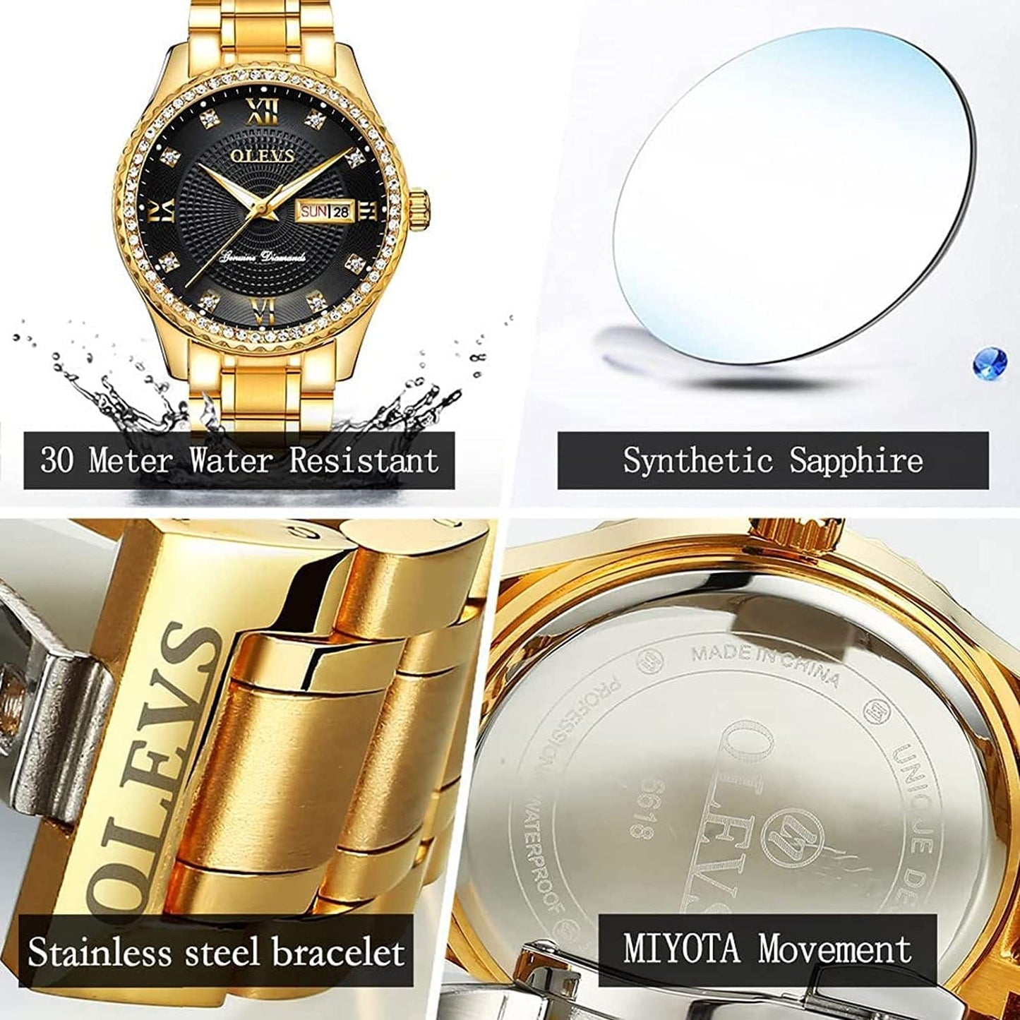 OLEVS Mens Watches Diamond Gold Dress Luxury Stainless Steel Waterproof Quartz Fashion Wrist Watches for Men with Date