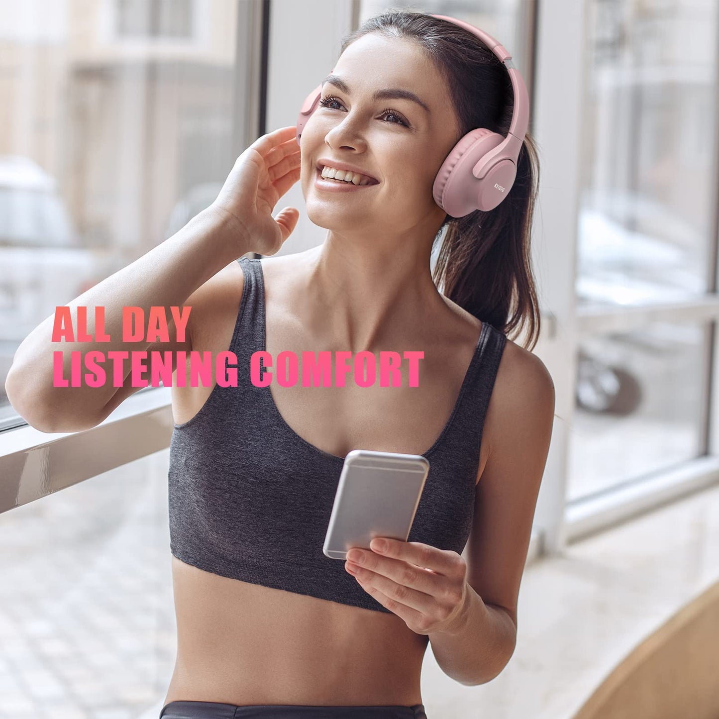 KVIDIO Bluetooth Headphones Over Ear, 65 Hours Playtime Wireless Headphones with Microphone, Foldable Lightweight Headset with Deep Bass,HiFi Stereo Sound for Travel Work PC Cellphone (Pink)