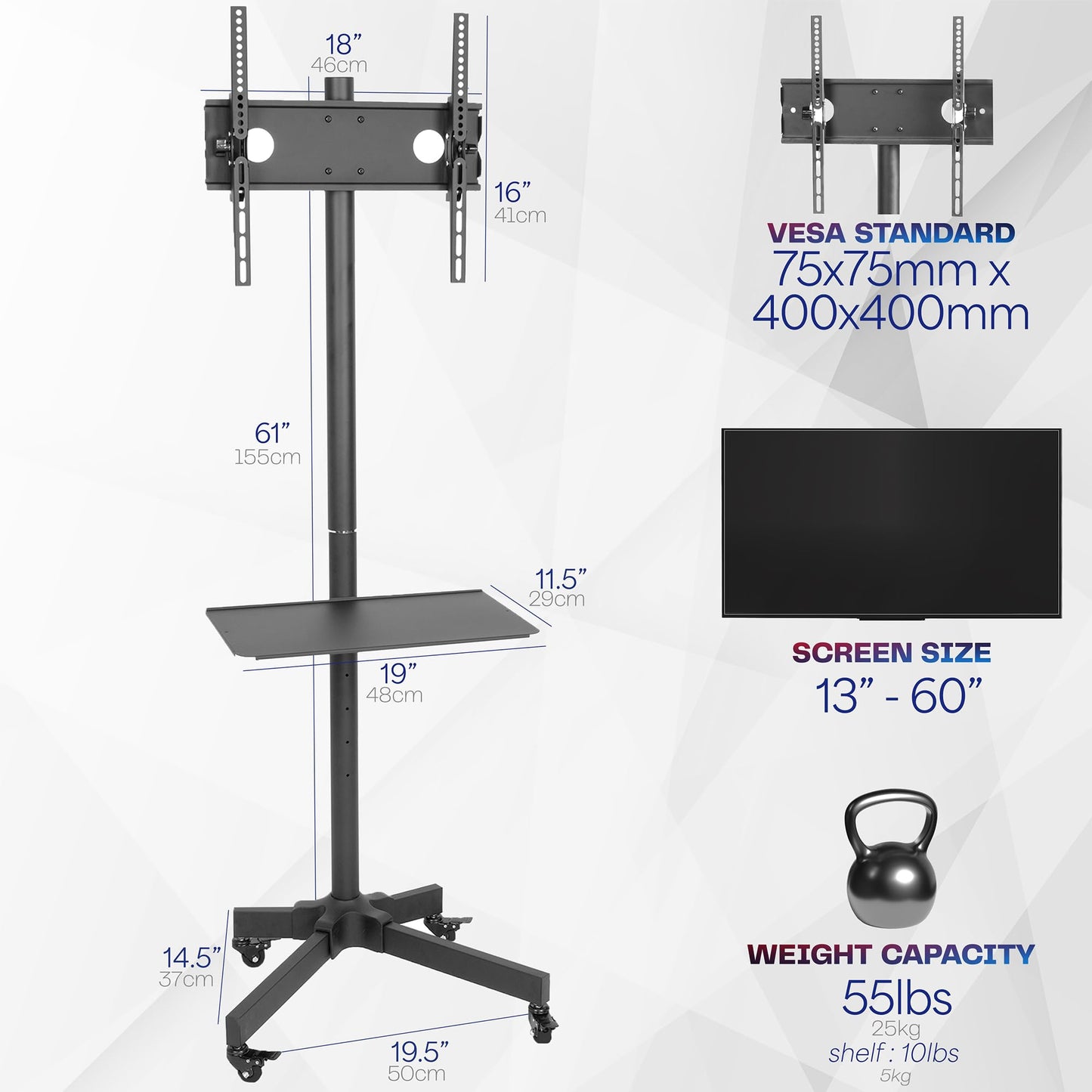 VIVO Mobile TV Cart for 13 to 60 inch Screens up to 25kg, LCD LED OLED 4K Smart Flat and Curved Panels, Rolling Stand with Laptop DVD Shelf, Locking Wheels, Max VESA 400x400, Black, STAND-TV04M
