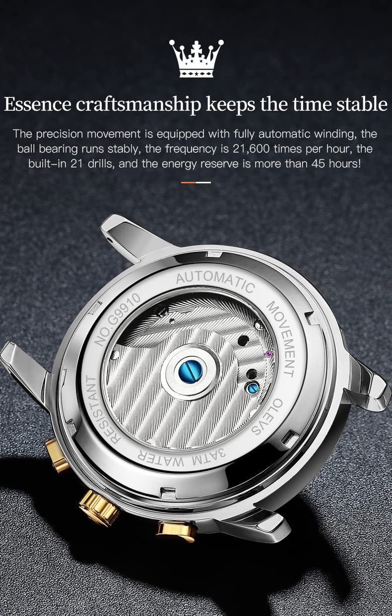 OLEVS Men Automatic Watch Skeleton 5 Hands Mechanical Blue Watch Classic Luxury Multi Calendar Stainless Steel Waterproof Wrist Watch for Men