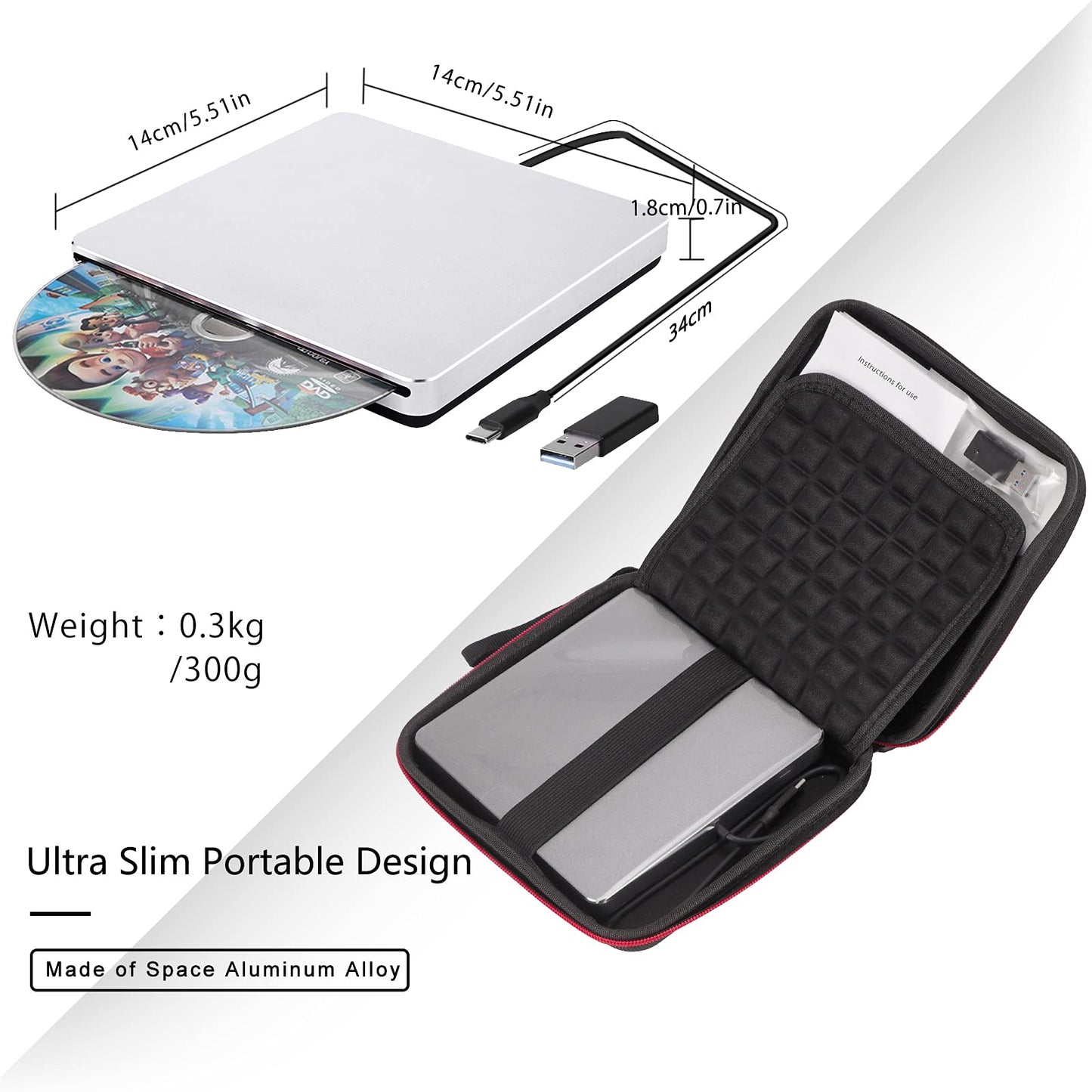 External CD DVD Drive, USB C USB 3.0 Slim CD/DVD +/-RW Drive Reader Slot in CD ROM Burner Writer, External Disc Drives DVD Player for Laptop PC MacBook Windows 11 10 Mac OS with Carrying Case