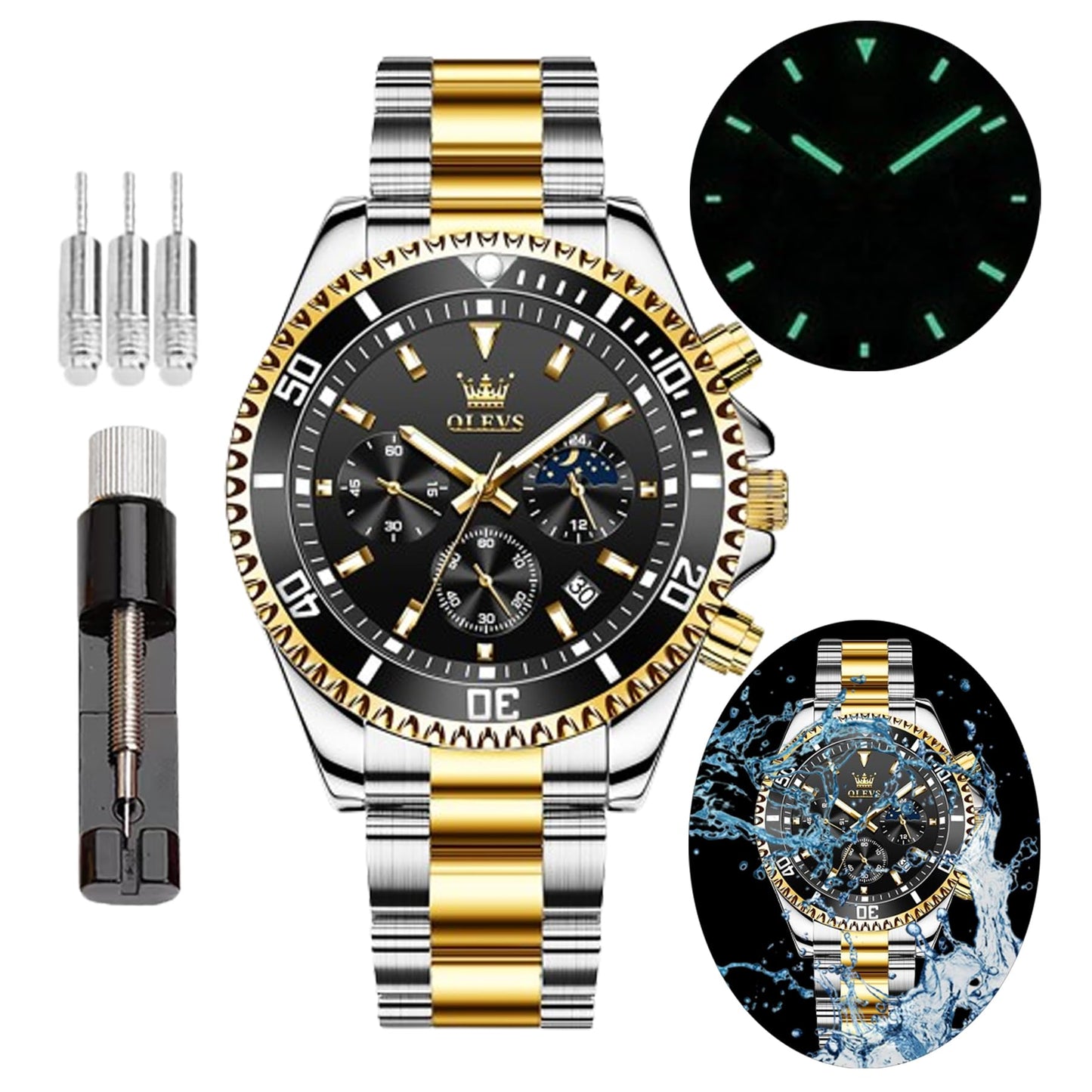 OLEVS Green Dial Watches for Men Fashion Analog Quartz Waterproof Chronograph Gold Silver Stainless Steel Watch Business Classic Luxury Big Face Luminous Multifunction Men Wristwatches (1)