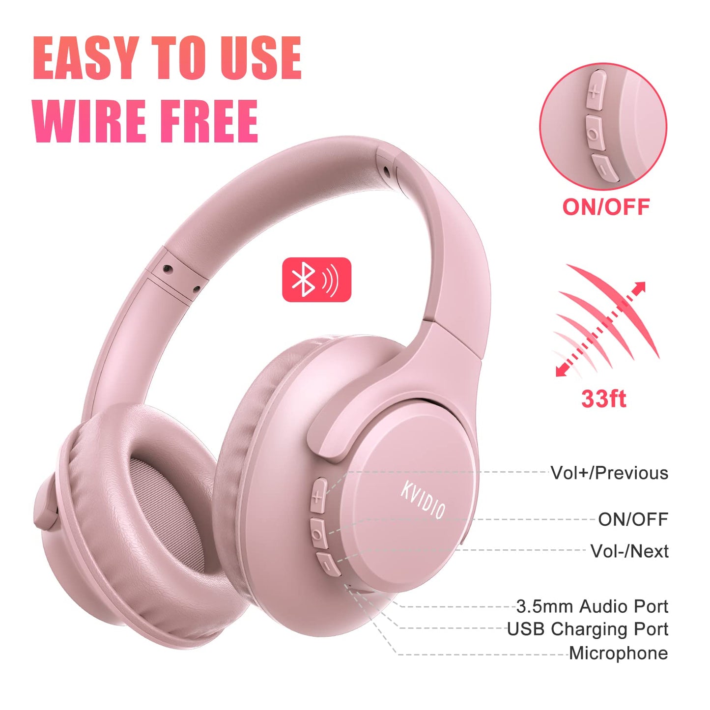 KVIDIO Bluetooth Headphones Over Ear, 65 Hours Playtime Wireless Headphones with Microphone, Foldable Lightweight Headset with Deep Bass,HiFi Stereo Sound for Travel Work PC Cellphone (Pink)
