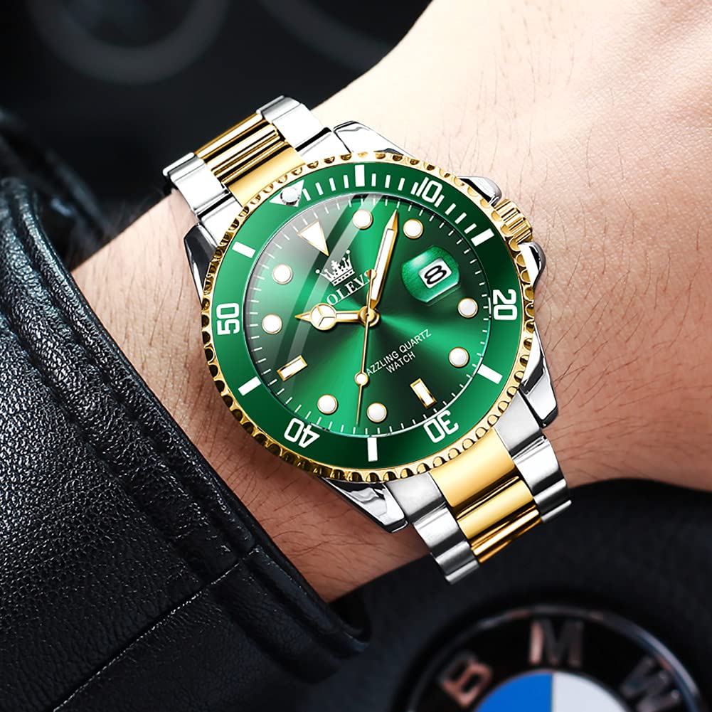 OLEVS Mens Watches, Silver Dress Gold Classic Luxury Big Large Face Waterproof Watches for Men, Analog Two Tone Stainless Steel Men Wrist Watch with Date Relojes De Hombre (Green/Blue/Black Dial