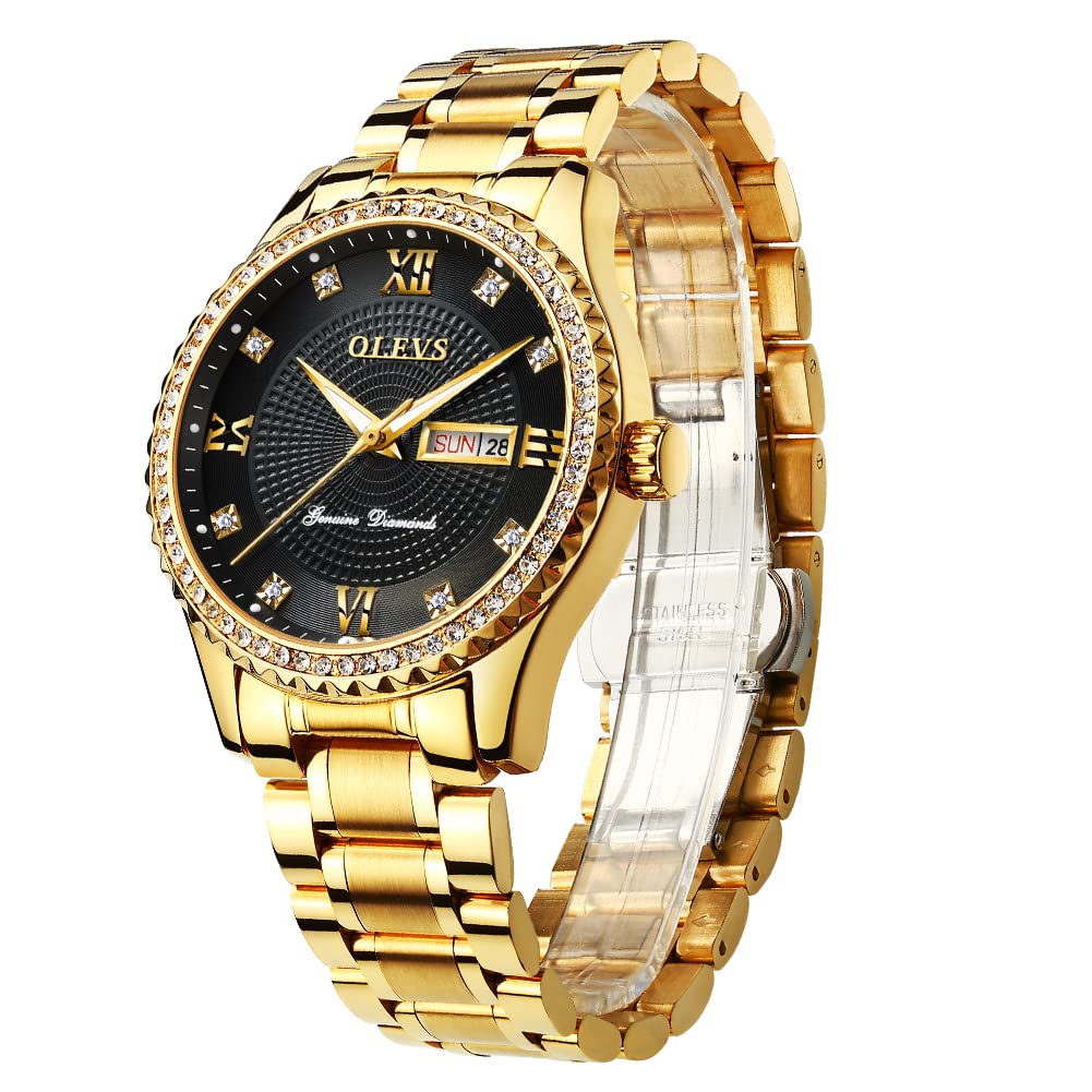 OLEVS Mens Watches Diamond Gold Dress Luxury Stainless Steel Waterproof Quartz Fashion Wrist Watches for Men with Date