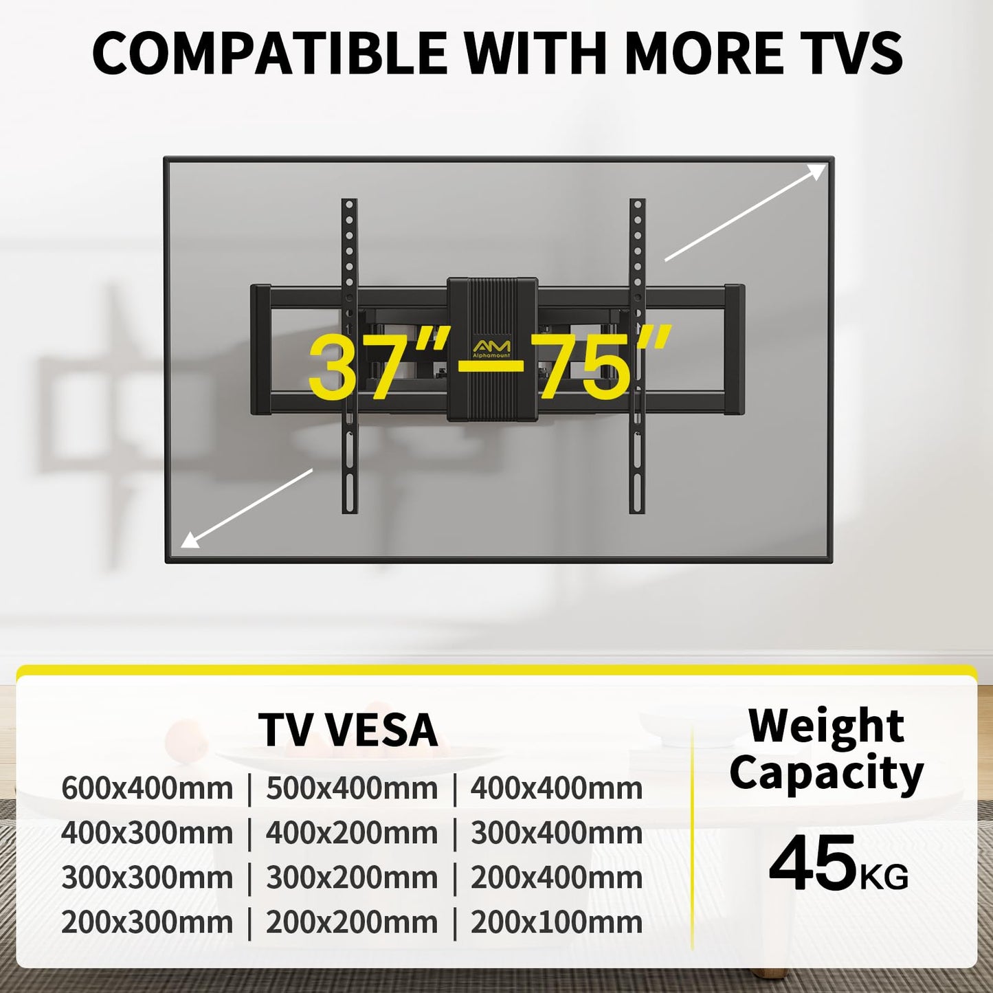 Alphamount TV Wall Bracket for Most 37 to 75 Inch 4K LED & OLED TVs up to 45kg, TV Bracket with Dual Articulating Arms, Swivel, Extension & Tilt, TV Wall Mount with Max VESA 600x400mm