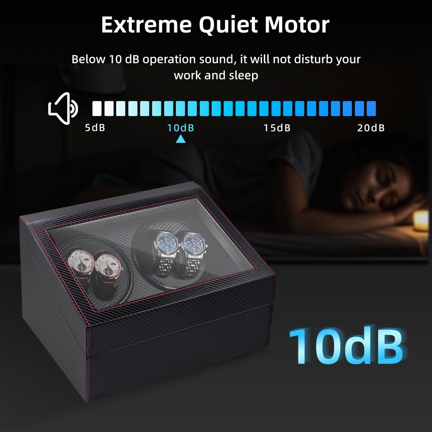 Mcbazel Automatic Watch Winder Box for 4 Watches,4 Watch Winder Box with 4 Watch Winder & 6 Extra Storage Space,Carbon Fiber Leather Watch Winder Storage Display Box with Quiet Running Motor