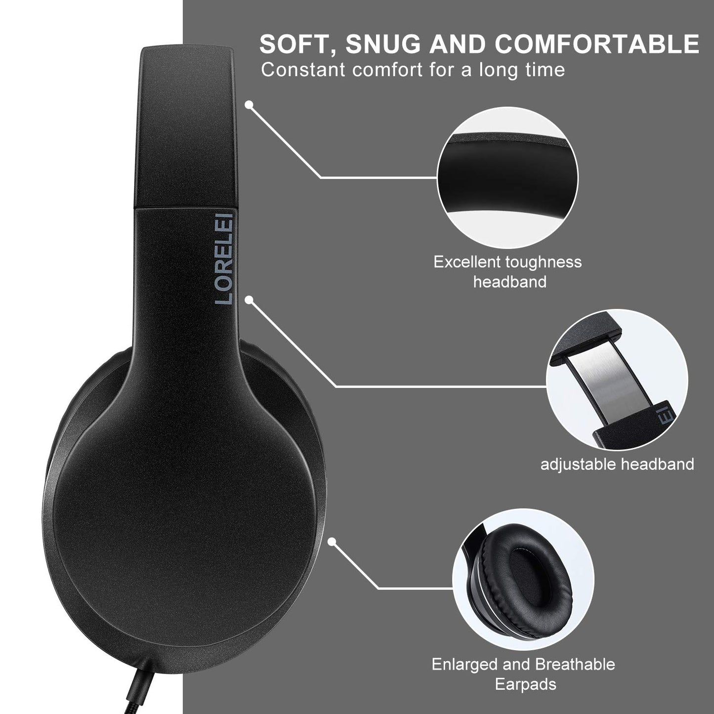 LORELEI X6 Over-Ear Headphones With Microphone, Lightweight Foldable & Portable Stereo Bass With 1.45M No-Tangle, Wired for Smartphone Tablet MP3/4 (Space Black)
