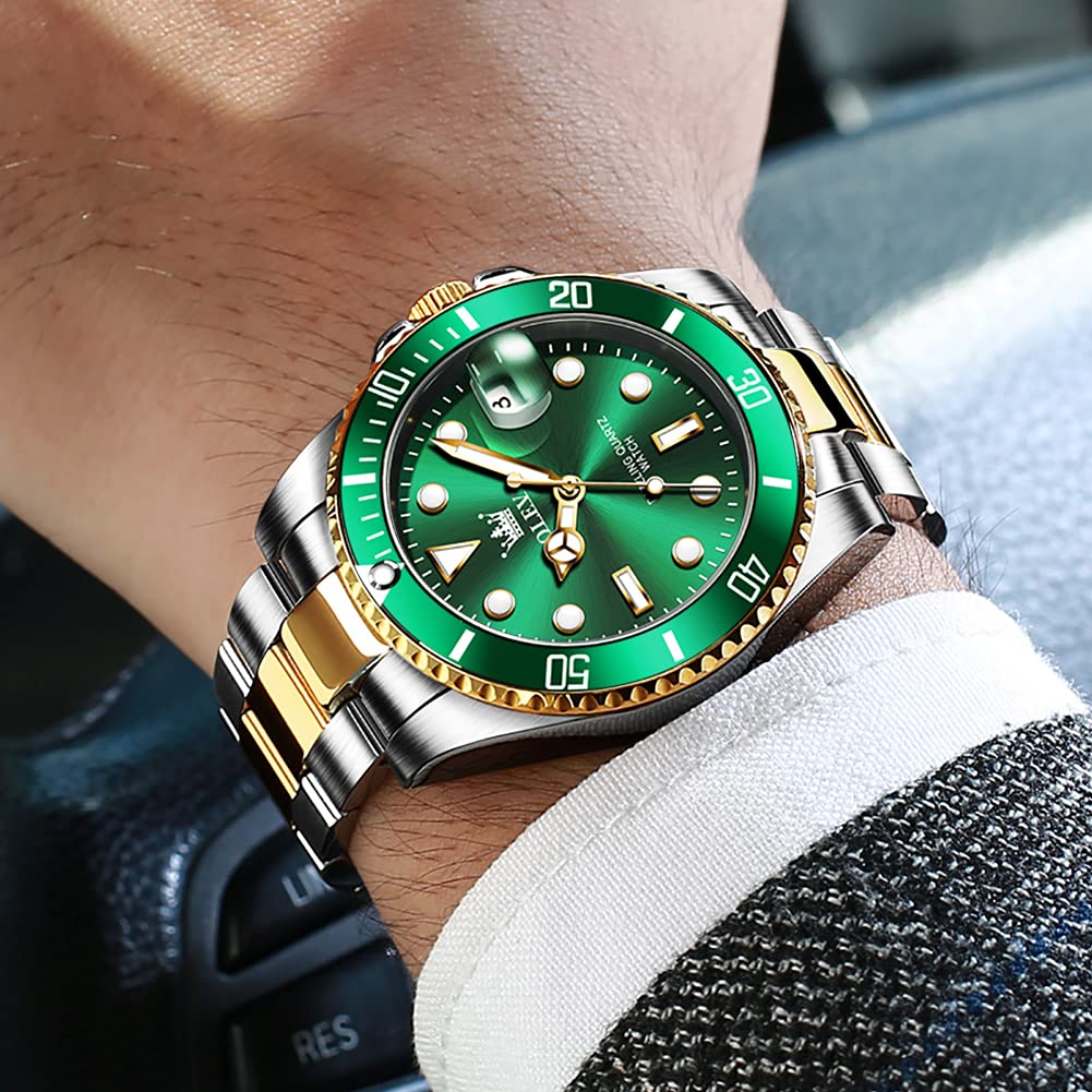 OLEVS Mens Watches, Silver Dress Gold Classic Luxury Big Large Face Waterproof Watches for Men, Analog Two Tone Stainless Steel Men Wrist Watch with Date Relojes De Hombre (Green/Blue/Black Dial
