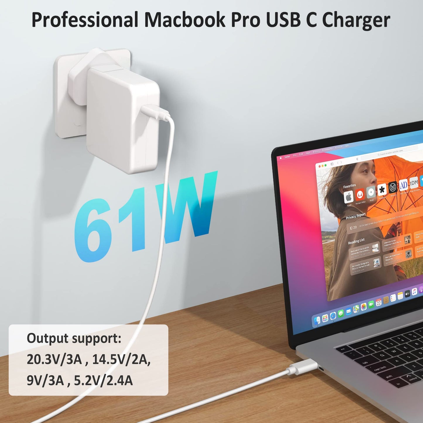 Mac Book Charger, 61W USB C Fast Charger Compatible with MacBook Pro 13/14/ 15/16 inch, MacBook Air 2020/2019/2018, iPad Pro and more Type C(1.8M USB C Cable Included)