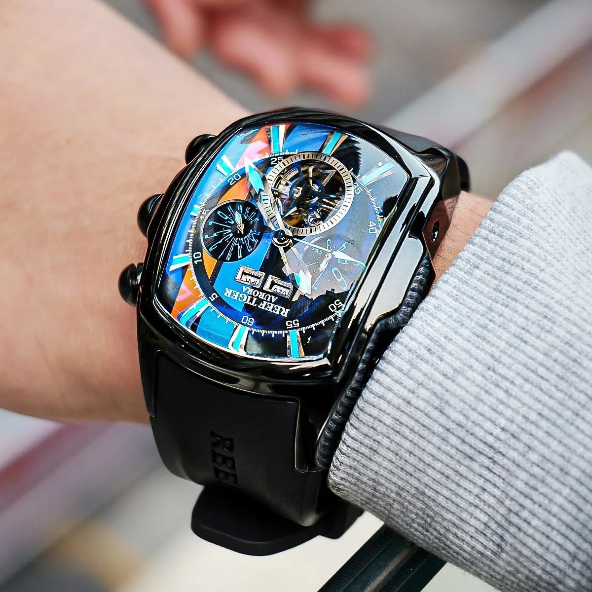 Mengxiang Luxury Watches for Men, Mechanical Quartz Watch, Black/Blue, Personalized large dial