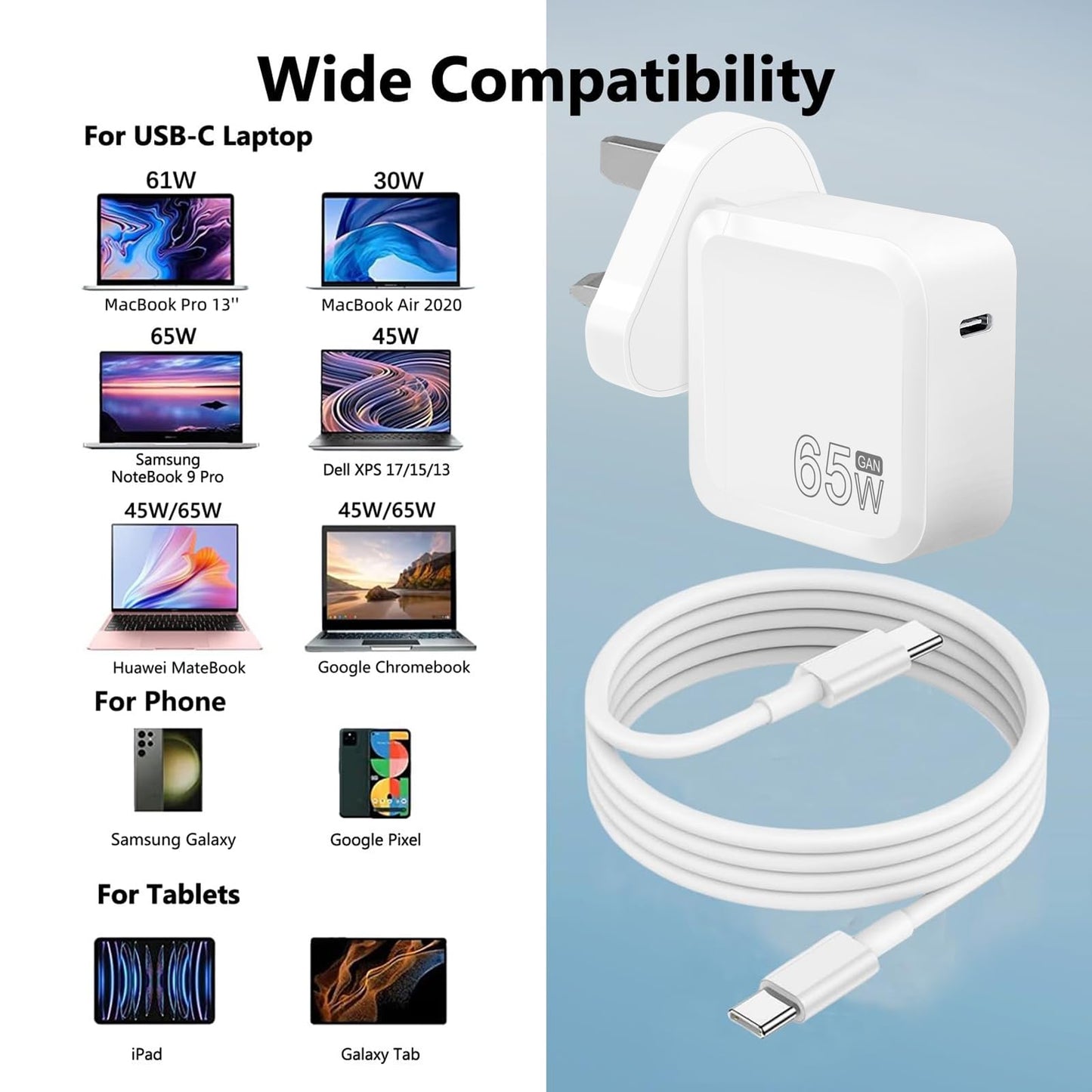 65W Mac Book Pro/Air USB C Charger - Fast Travel Laptop Charger Adapter for Mac Book Pro/Air,13,14,15,16 inch,i Pad, i Phone 14 Pro,and ALL USB C Type C Device 5.9 ft C to C Cable Included