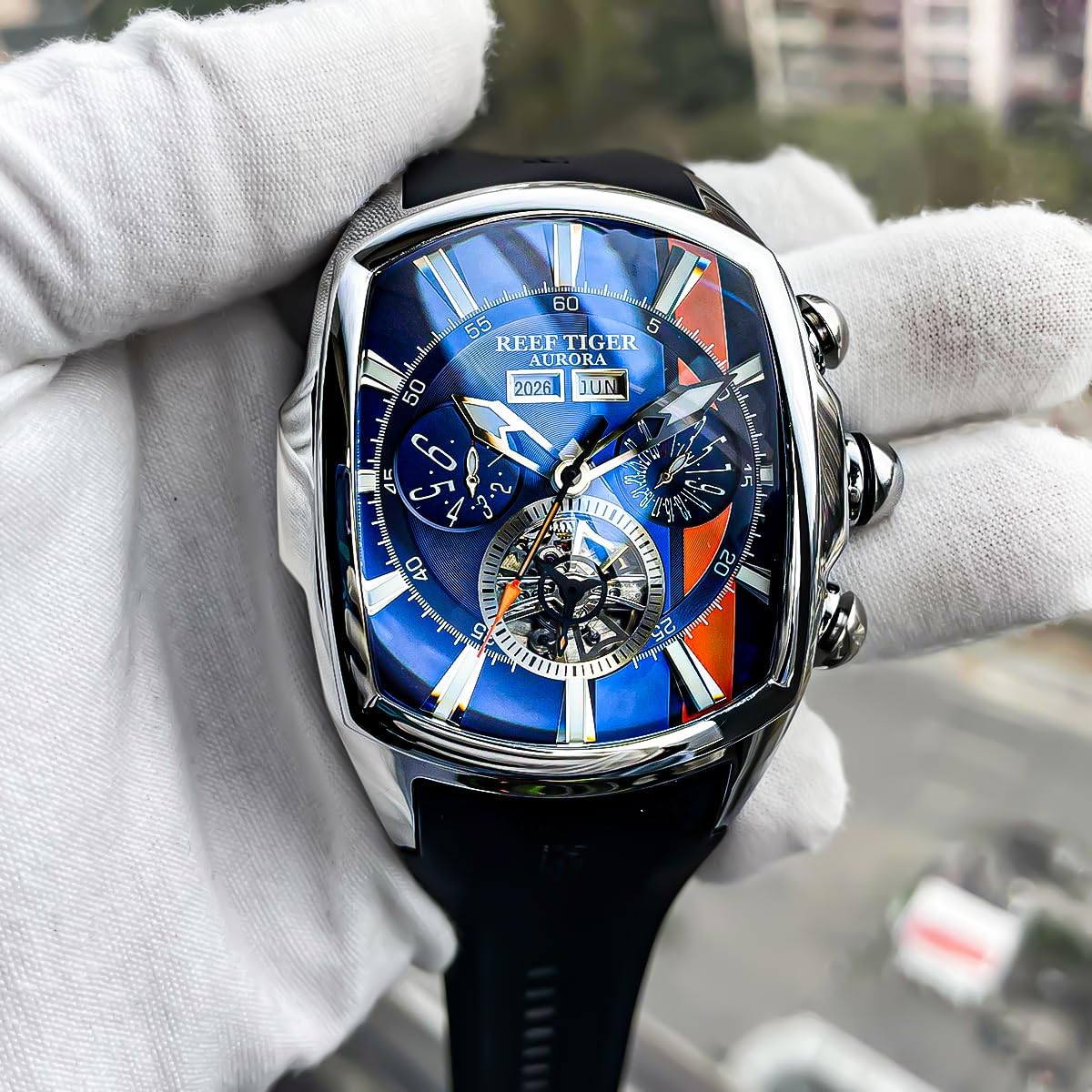 Mengxiang Luxury Watches for Men, Mechanical Quartz Watch, Black/Blue, Personalized large dial