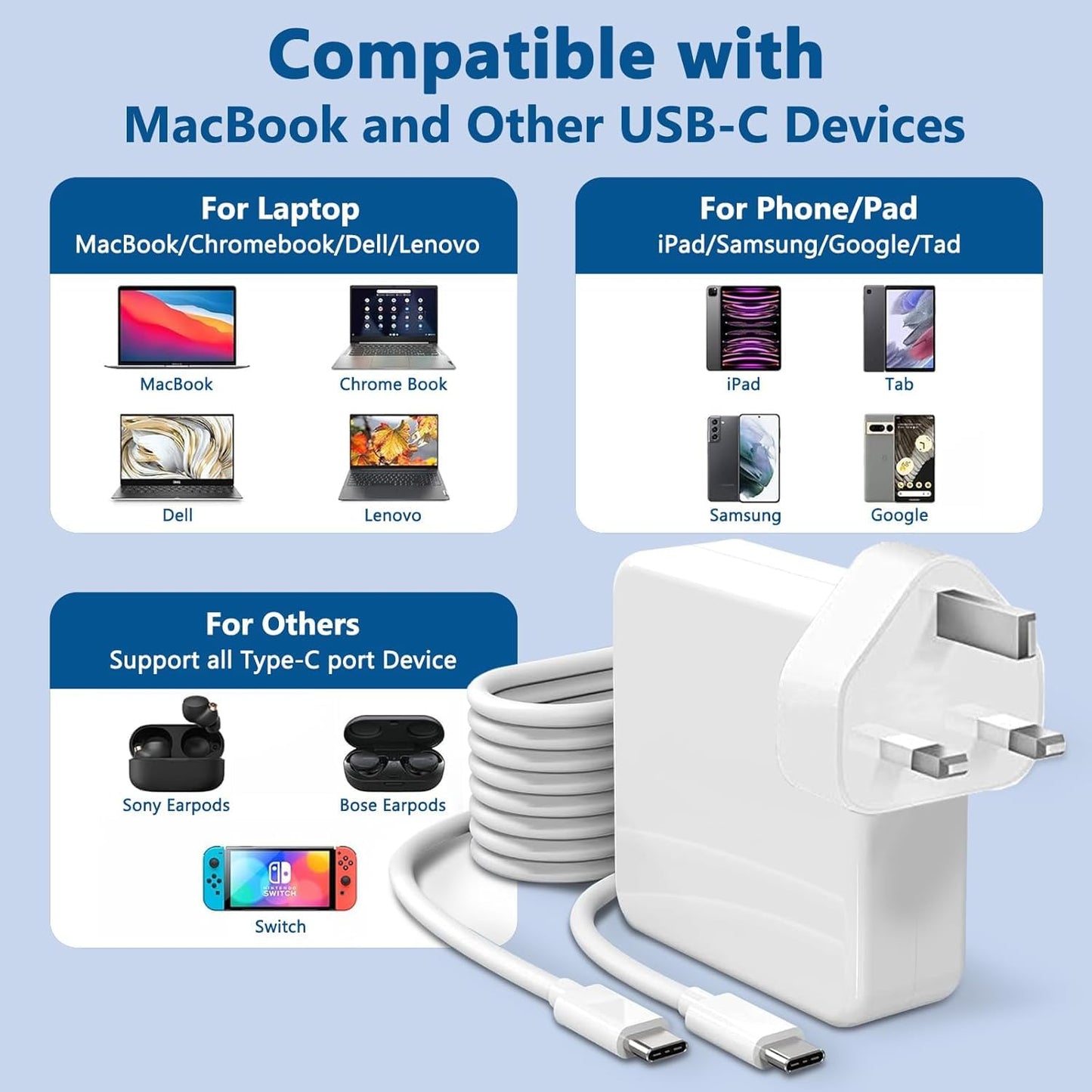100W USB C Super Fast Charger,Mac Book Pro Charge, Laptop Charger for Mac Book Pro/Air, Compatible with Ma cBook Pro 16,15,14,13 inch, iPad Pro and all USB C devices, Type C 2M Cable