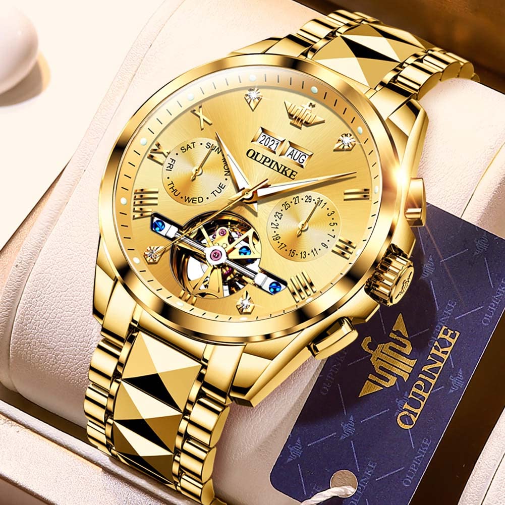 OLEVS Automatic Watch for Men Self Winding Tourbillon Mechanical Business Luxury Gold Face Waterproof Luminous Sapphire Crystal Wrist Watch