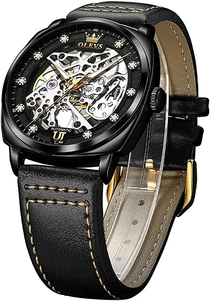 OLEVS Automatic Men Watch Designer Skeleton Self Winding Mechanical Luxury Stylish Leather Strap Luminous Water Proof Wrist Watch