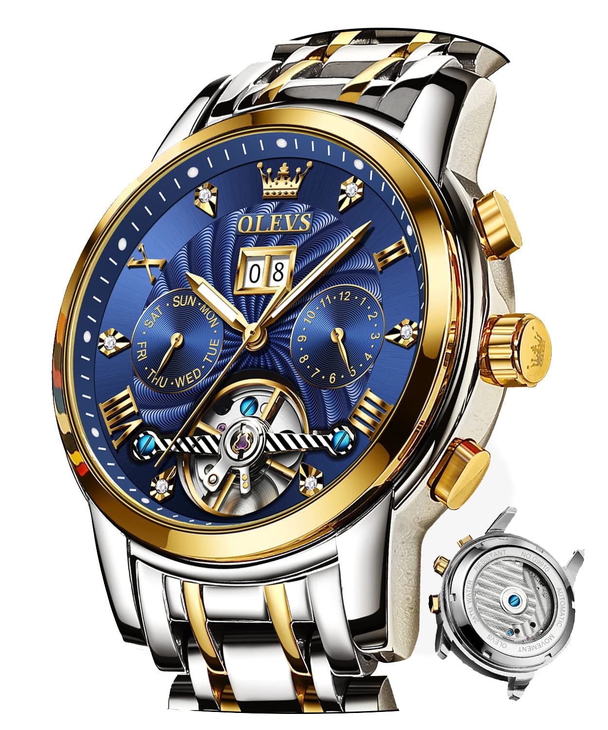OLEVS Men Automatic Watch Skeleton 5 Hands Mechanical Blue Watch Classic Luxury Multi Calendar Stainless Steel Waterproof Wrist Watch for Men
