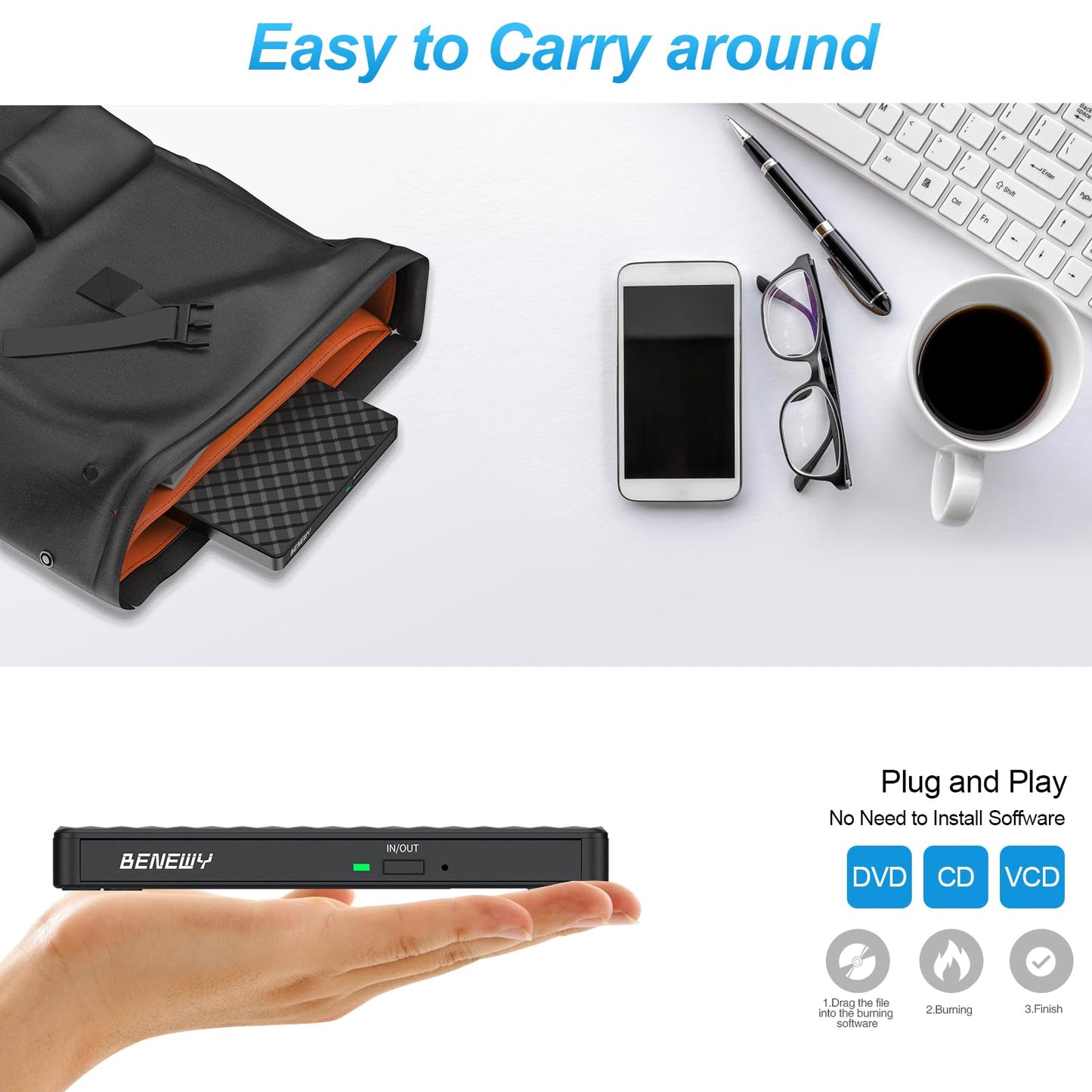 External CD DVD Drive, USB 3.0 and Type-C Portable CD DVD +/-Rw Drive Reader, DVD/CD ROM Burner Rewriter, Slim Optical DVD Drive for Laptop, Desktop, Mac, Macbook, OS/Windows 11/10/8.1/7 /Linux