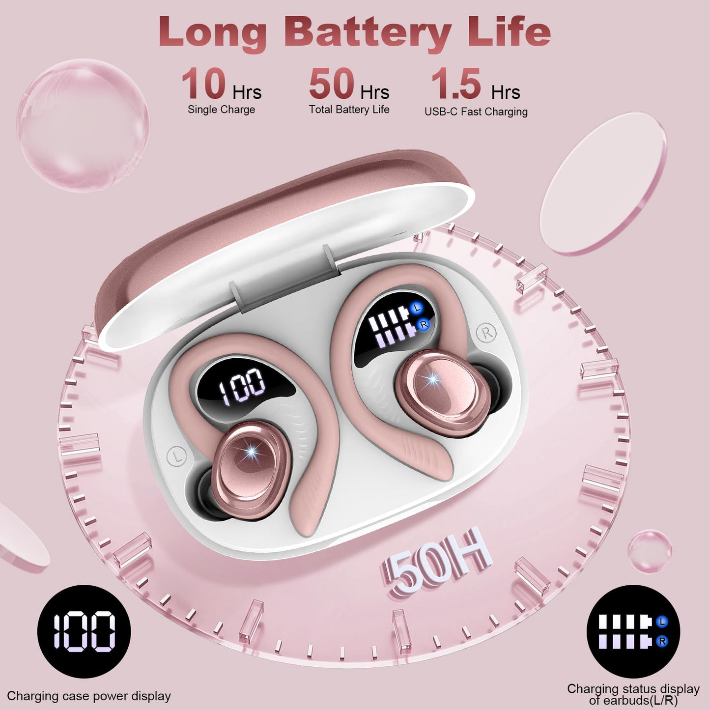 Wireless Earbuds, 2025 Bluetooth 5.4 Headphones Sport, Deep Bass Stereo in Ear Headphone, 4 ENC Noise Cancelling Mic Earphones, 50Hrs IP7 Waterproof USB-C iOS Android Ear Buds for Running Gym Workout