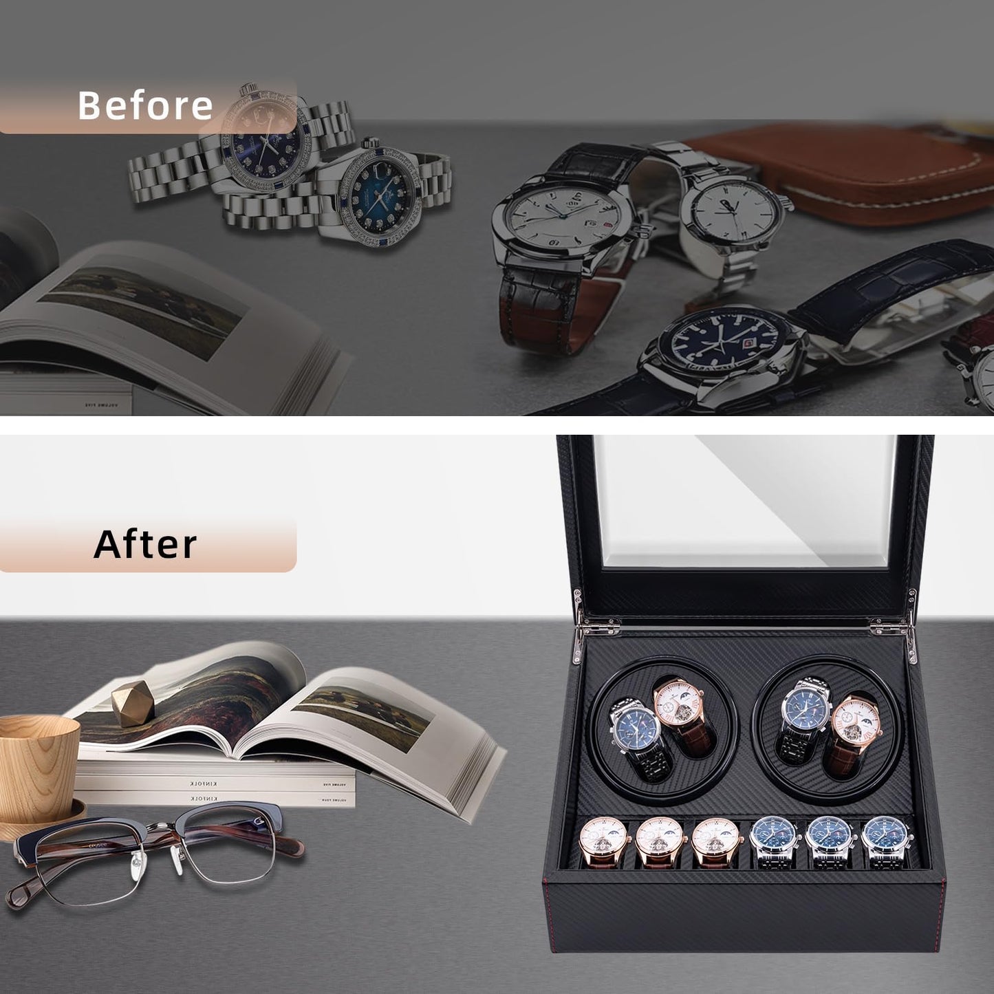 Mcbazel Automatic Watch Winder Box for 4 Watches,4 Watch Winder Box with 4 Watch Winder & 6 Extra Storage Space,Carbon Fiber Leather Watch Winder Storage Display Box with Quiet Running Motor